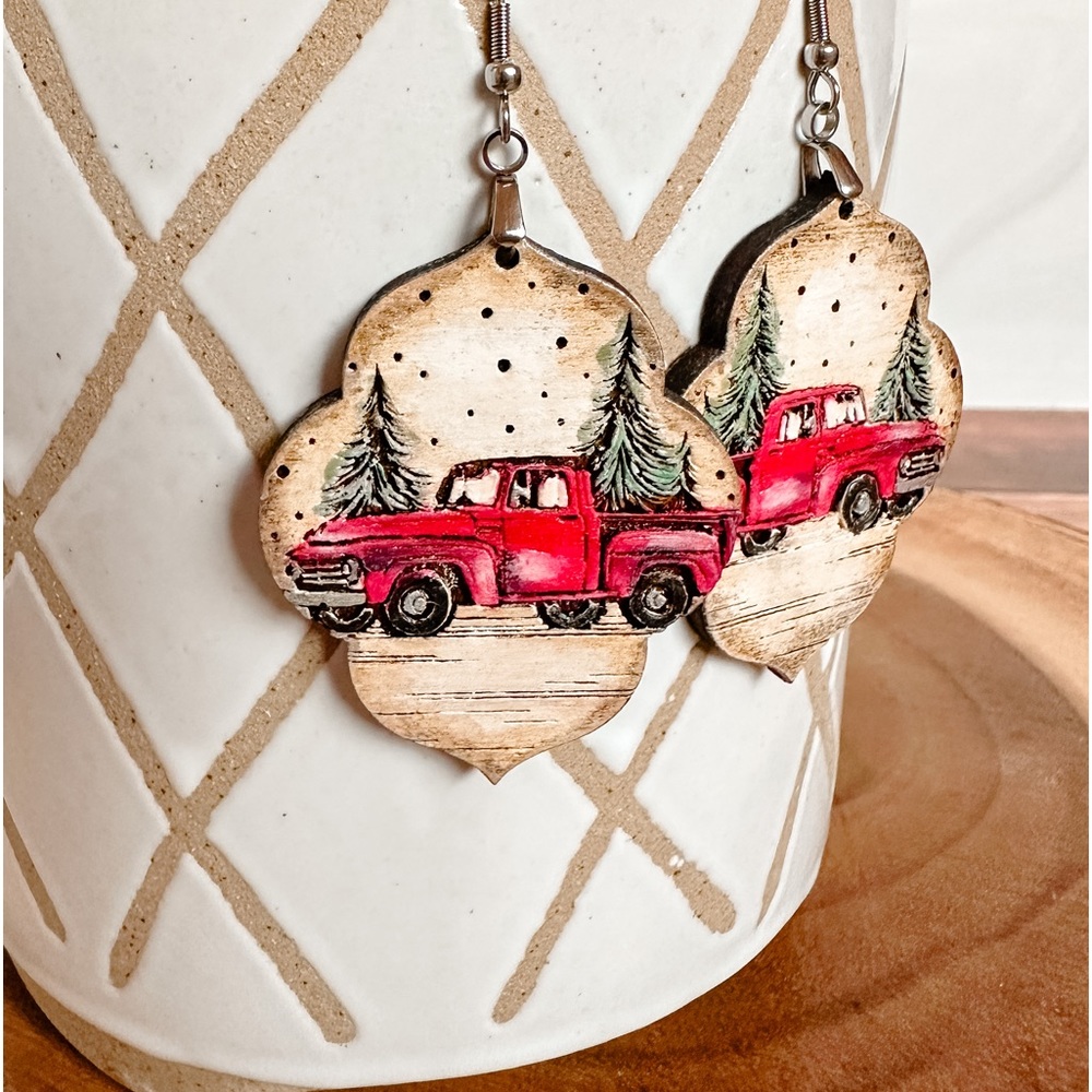 Red Truck Drop Earrings, Christmas Earrings, Red Truck